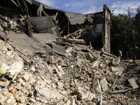 A view of the heavily damaged and partially collapsed building after the Russian missile attacks in Kyiv, Ukraine, on September 2, 2024. (