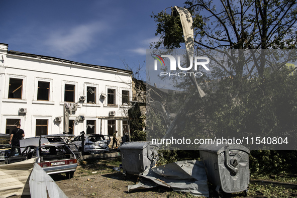 A view of the heavily damaged and partially collapsed building after the Russian missile attacks in Kyiv, Ukraine, on September 2, 2024. 