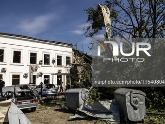 A view of the heavily damaged and partially collapsed building after the Russian missile attacks in Kyiv, Ukraine, on September 2, 2024. (