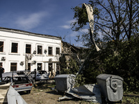 A view of the heavily damaged and partially collapsed building after the Russian missile attacks in Kyiv, Ukraine, on September 2, 2024. (