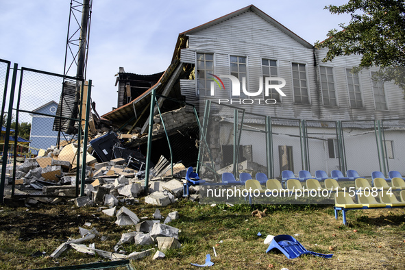 The sports complex of a university sustains heavy damage and partially collapses after Russian missile attacks in Kyiv, Ukraine, on Septembe...