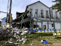 The sports complex of a university sustains heavy damage and partially collapses after Russian missile attacks in Kyiv, Ukraine, on Septembe...