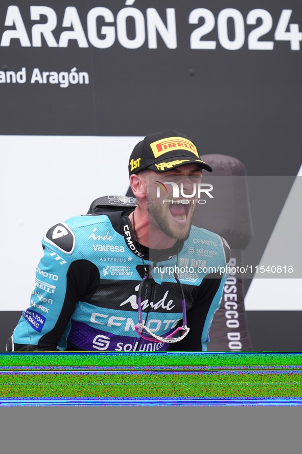 Jake Dixon (96) of Great Britain and Cfmoto Inde Aspar Team Kalex celebrates victory after the race day of the Gran Premio GoPro de Aragon a...