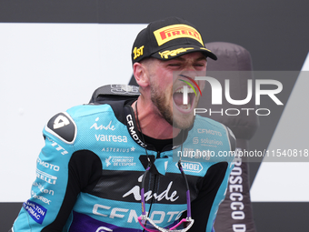 Jake Dixon (96) of Great Britain and Cfmoto Inde Aspar Team Kalex celebrates victory after the race day of the Gran Premio GoPro de Aragon a...