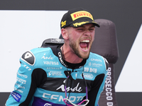 Jake Dixon (96) of Great Britain and Cfmoto Inde Aspar Team Kalex celebrates victory after the race day of the Gran Premio GoPro de Aragon a...