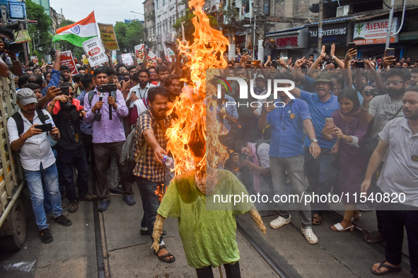 Junior doctors burn an effigy of the Kolkata police commissioner during a protest rally against the rape and murder of a doctor in Kolkata,...