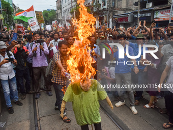 Junior doctors burn an effigy of the Kolkata police commissioner during a protest rally against the rape and murder of a doctor in Kolkata,...