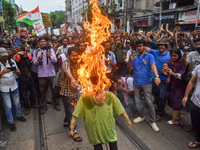 Junior doctors burn an effigy of the Kolkata police commissioner during a protest rally against the rape and murder of a doctor in Kolkata,...