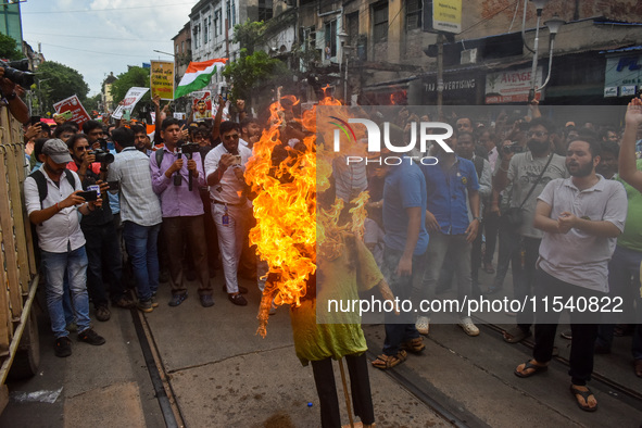 Junior doctors burn an effigy of the Kolkata police commissioner during a protest rally against the rape and murder of a doctor in Kolkata,...