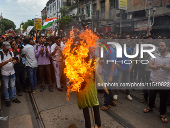 Junior doctors burn an effigy of the Kolkata police commissioner during a protest rally against the rape and murder of a doctor in Kolkata,...