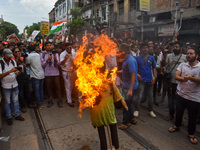 Junior doctors burn an effigy of the Kolkata police commissioner during a protest rally against the rape and murder of a doctor in Kolkata,...