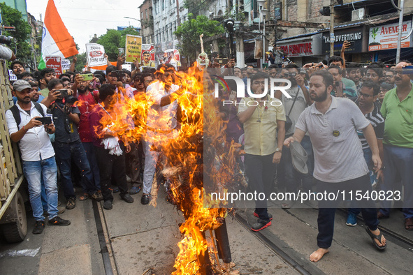 Junior doctors burn an effigy of the Kolkata police commissioner during a protest rally against the rape and murder of a doctor in Kolkata,...