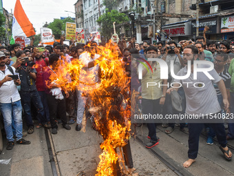 Junior doctors burn an effigy of the Kolkata police commissioner during a protest rally against the rape and murder of a doctor in Kolkata,...