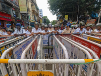 Police barricade during a protest rally of doctors in Kolkata, India, on September 2, 2024. (