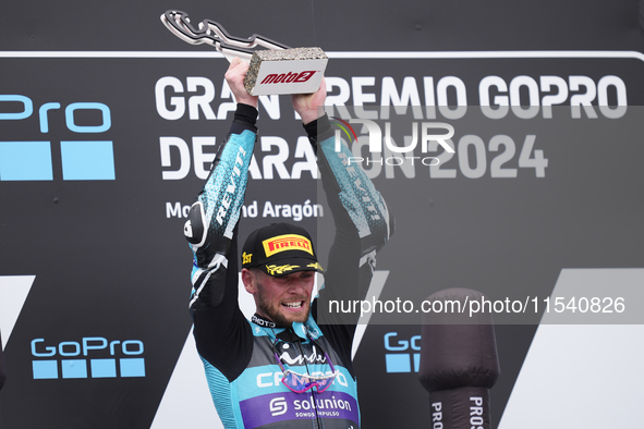 Jake Dixon (96) of Great Britain and Cfmoto Inde Aspar Team Kalex celebrates victory after the race day of the Gran Premio GoPro de Aragon a...