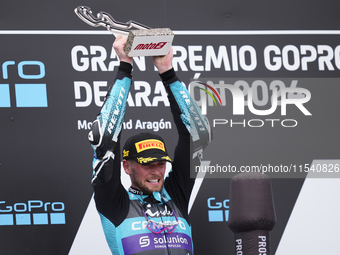 Jake Dixon (96) of Great Britain and Cfmoto Inde Aspar Team Kalex celebrates victory after the race day of the Gran Premio GoPro de Aragon a...