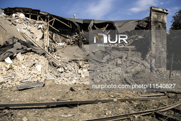 A view of the heavily damaged and partially collapsed building after the Russian missile attacks in Kyiv, Ukraine, on September 2, 2024 