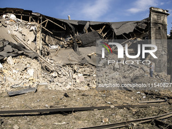 A view of the heavily damaged and partially collapsed building after the Russian missile attacks in Kyiv, Ukraine, on September 2, 2024 (