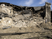 A view of the heavily damaged and partially collapsed building after the Russian missile attacks in Kyiv, Ukraine, on September 2, 2024 (