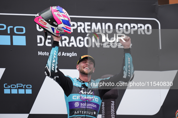 Jake Dixon (96) of Great Britain and Cfmoto Inde Aspar Team Kalex celebrates victory after the race day of the Gran Premio GoPro de Aragon a...