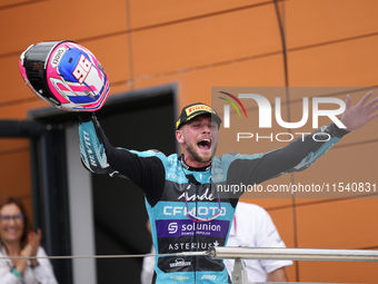 Jake Dixon (96) of Great Britain and Cfmoto Inde Aspar Team Kalex celebrates victory after the race day of the Gran Premio GoPro de Aragon a...