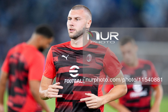 Strahinja Pavlovic of AC Milan looks on during the Serie A Enilive match between SS Lazio and AC Milan at Stadio Olimpico on Aug 31, 2024 in...