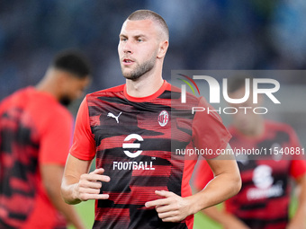 Strahinja Pavlovic of AC Milan looks on during the Serie A Enilive match between SS Lazio and AC Milan at Stadio Olimpico on Aug 31, 2024 in...