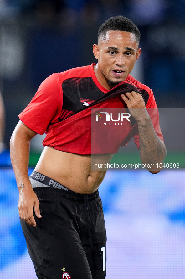 Noah Okafor of AC Milan looks on during the Serie A Enilive match between SS Lazio and AC Milan at Stadio Olimpico on Aug 31, 2024 in Rome,...