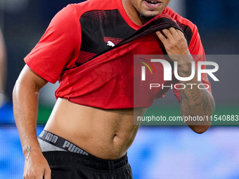 Noah Okafor of AC Milan looks on during the Serie A Enilive match between SS Lazio and AC Milan at Stadio Olimpico on Aug 31, 2024 in Rome,...