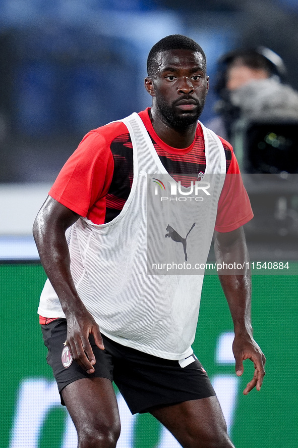 Fikayo Tomori of AC Milan looks on during the Serie A Enilive match between SS Lazio and AC Milan at Stadio Olimpico on Aug 31, 2024 in Rome...