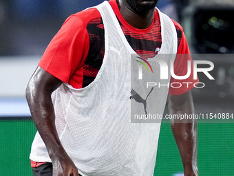 Fikayo Tomori of AC Milan looks on during the Serie A Enilive match between SS Lazio and AC Milan at Stadio Olimpico on Aug 31, 2024 in Rome...