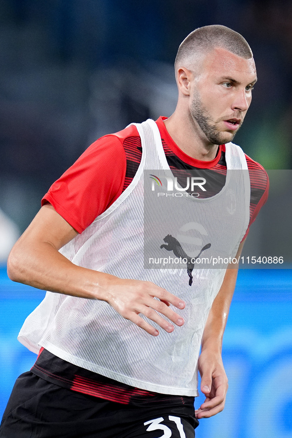 Strahinja Pavlovic of AC Milan looks on during the Serie A Enilive match between SS Lazio and AC Milan at Stadio Olimpico on Aug 31, 2024 in...