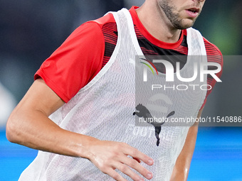 Strahinja Pavlovic of AC Milan looks on during the Serie A Enilive match between SS Lazio and AC Milan at Stadio Olimpico on Aug 31, 2024 in...