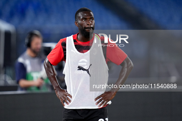 Fikayo Tomori of AC Milan looks on during the Serie A Enilive match between SS Lazio and AC Milan at Stadio Olimpico on Aug 31, 2024 in Rome...