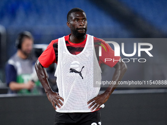 Fikayo Tomori of AC Milan looks on during the Serie A Enilive match between SS Lazio and AC Milan at Stadio Olimpico on Aug 31, 2024 in Rome...