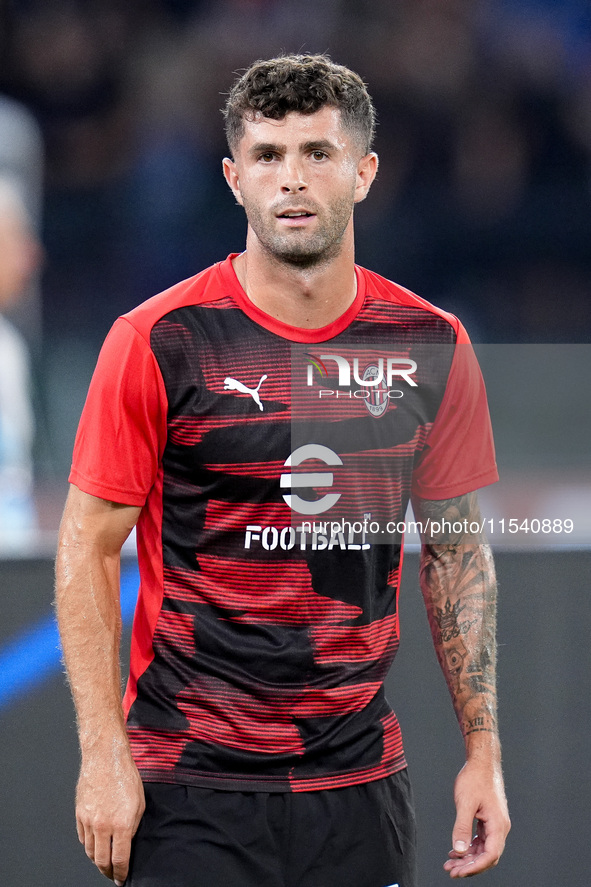 Christian Pulisic of AC Milan looks on during the Serie A Enilive match between SS Lazio and AC Milan at Stadio Olimpico on Aug 31, 2024 in...