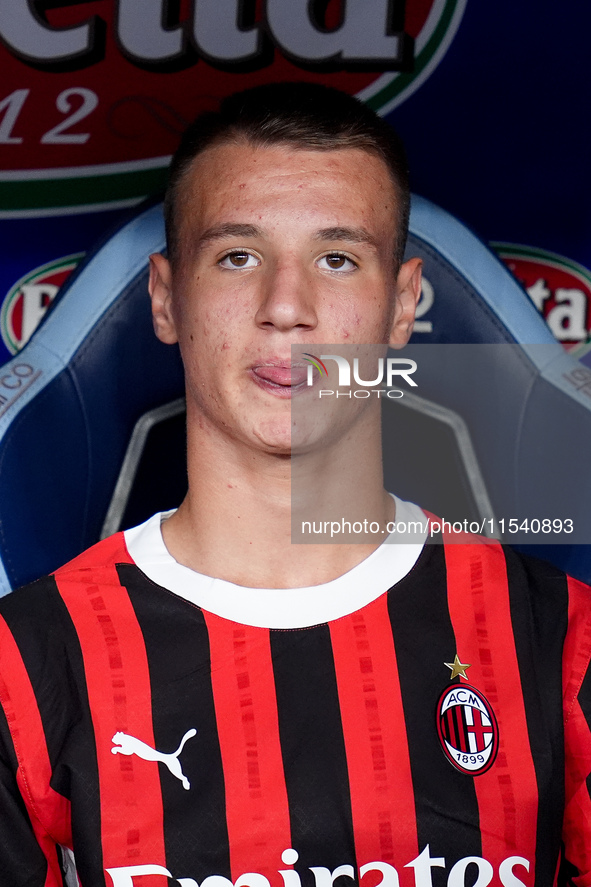 Francesco Camarda of AC Milan looks on during the Serie A Enilive match between SS Lazio and AC Milan at Stadio Olimpico on Aug 31, 2024 in...