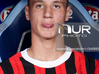 Francesco Camarda of AC Milan looks on during the Serie A Enilive match between SS Lazio and AC Milan at Stadio Olimpico on Aug 31, 2024 in...