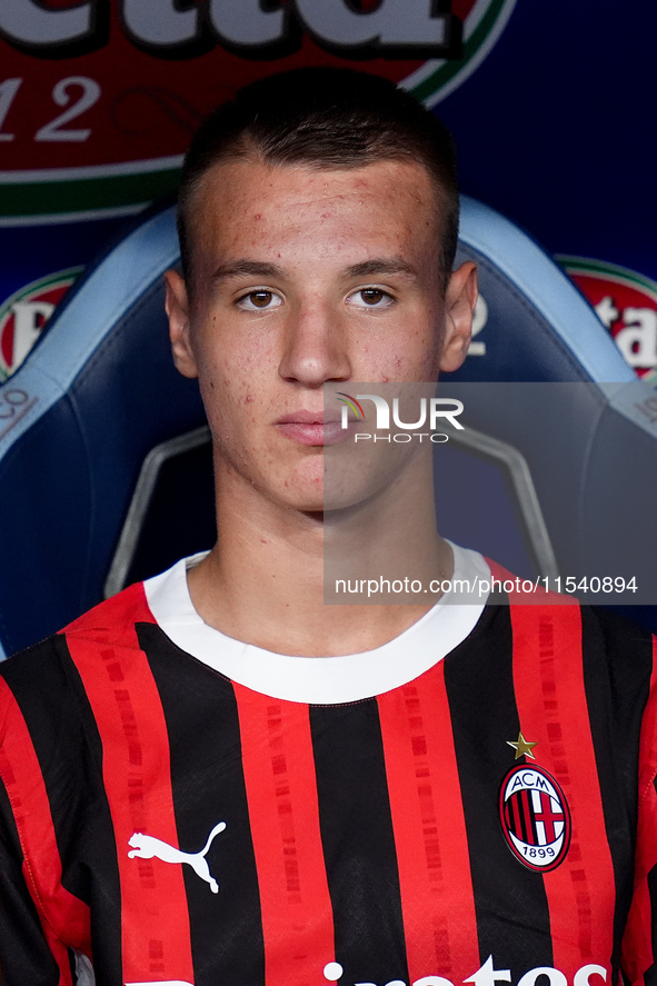 Francesco Camarda of AC Milan looks on during the Serie A Enilive match between SS Lazio and AC Milan at Stadio Olimpico on Aug 31, 2024 in...