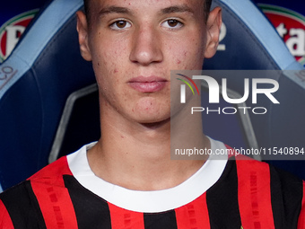 Francesco Camarda of AC Milan looks on during the Serie A Enilive match between SS Lazio and AC Milan at Stadio Olimpico on Aug 31, 2024 in...