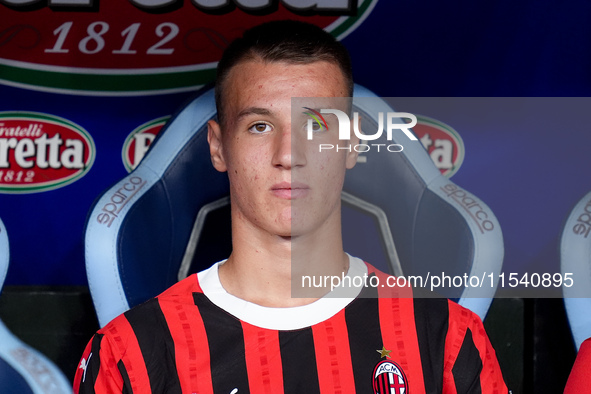 Francesco Camarda of AC Milan looks on during the Serie A Enilive match between SS Lazio and AC Milan at Stadio Olimpico on Aug 31, 2024 in...