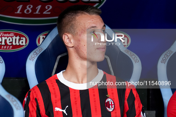 Francesco Camarda of AC Milan looks on during the Serie A Enilive match between SS Lazio and AC Milan at Stadio Olimpico on Aug 31, 2024 in...