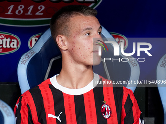 Francesco Camarda of AC Milan looks on during the Serie A Enilive match between SS Lazio and AC Milan at Stadio Olimpico on Aug 31, 2024 in...