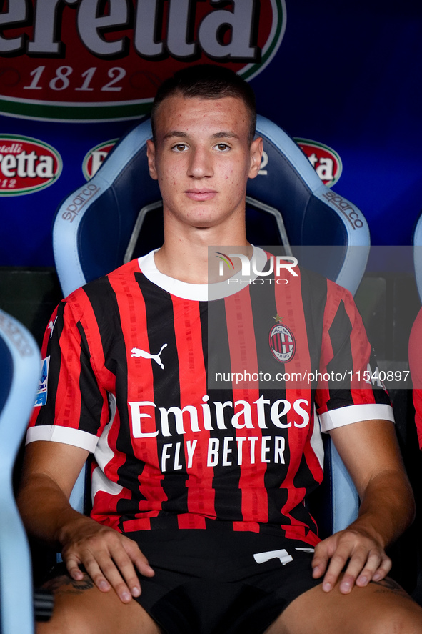 Francesco Camarda of AC Milan looks on during the Serie A Enilive match between SS Lazio and AC Milan at Stadio Olimpico on Aug 31, 2024 in...