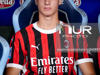 Francesco Camarda of AC Milan looks on during the Serie A Enilive match between SS Lazio and AC Milan at Stadio Olimpico on Aug 31, 2024 in...