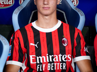 Francesco Camarda of AC Milan looks on during the Serie A Enilive match between SS Lazio and AC Milan at Stadio Olimpico on Aug 31, 2024 in...