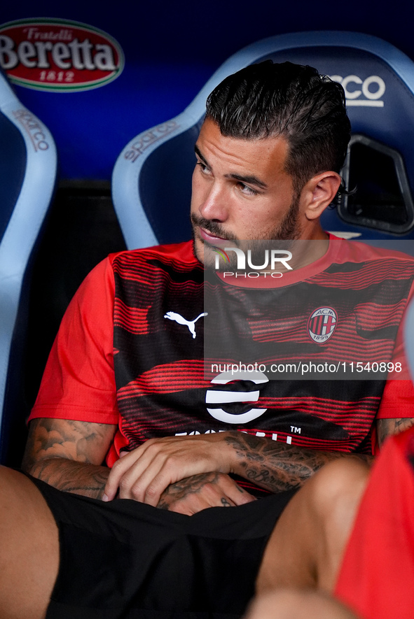 Theo Hernandez of AC Milan looks on during the Serie A Enilive match between SS Lazio and AC Milan at Stadio Olimpico on Aug 31, 2024 in Rom...