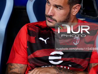 Theo Hernandez of AC Milan looks on during the Serie A Enilive match between SS Lazio and AC Milan at Stadio Olimpico on Aug 31, 2024 in Rom...