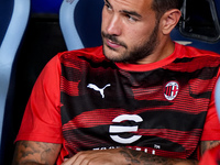 Theo Hernandez of AC Milan looks on during the Serie A Enilive match between SS Lazio and AC Milan at Stadio Olimpico on Aug 31, 2024 in Rom...