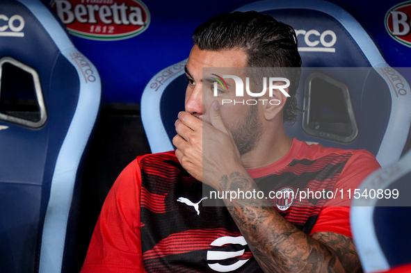 Theo Hernandez of AC Milan looks on during the Serie A Enilive match between SS Lazio and AC Milan at Stadio Olimpico on Aug 31, 2024 in Rom...